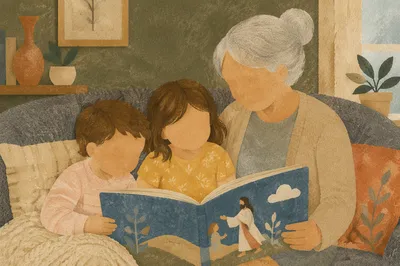Grandparents and Grandchildren Reading Together at Home