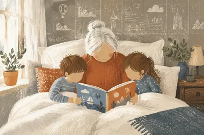 Grandparents Reading with Grandchildren in Bed