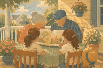 Grandparents and Grandchildren Reading on Porch