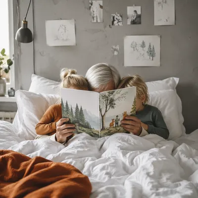 Grandparents Reading Storybook with Grandchildren in Bed