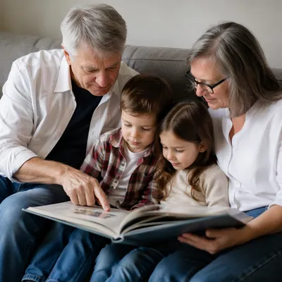 Grandparents Reading Picture Book with Grandchildren