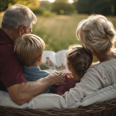 Grandparents and Grandchildren Reading Outdoors