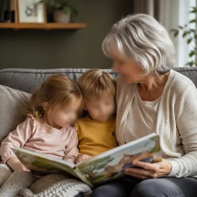 Grandmother Reading with Grandchildren at Home