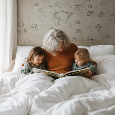 Grandparents Reading with Grandchildren in Bed