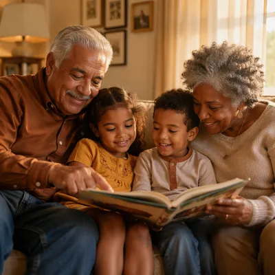 Grandparents Reading Picture Book with Grandchildren