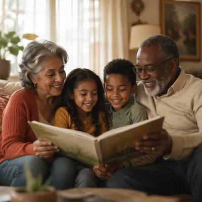 Grandparents and Grandchildren Reading on Sofa