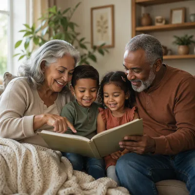 Grandparents and Grandchildren Reading on Sofa