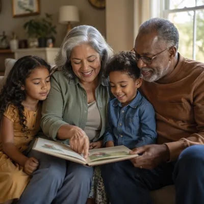 Grandparents Reading Picture Book with Grandchildren
