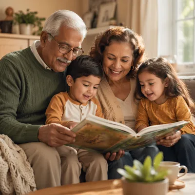Grandparents Reading Picture Book with Grandchildren