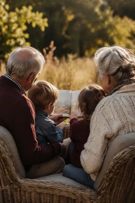 Grandparents and Grandchildren Reading in Meadow