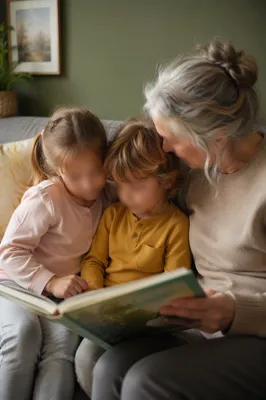 Grandmother Reading with Grandchildren on Sofa
