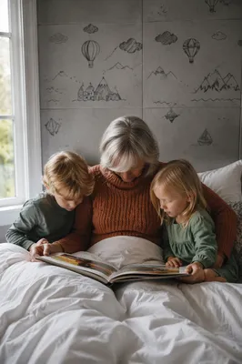 Grandparents Reading with Grandchildren in Bed