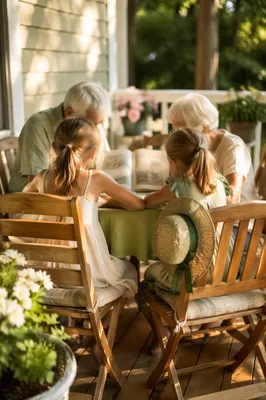 Grandparents Reading With Grandchildren on Porch