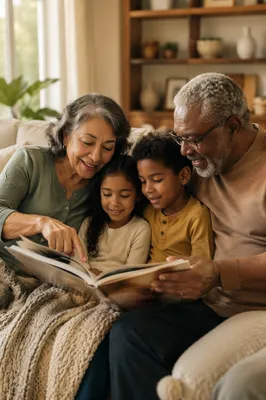 Grandparents Reading With Grandchildren on Sofa