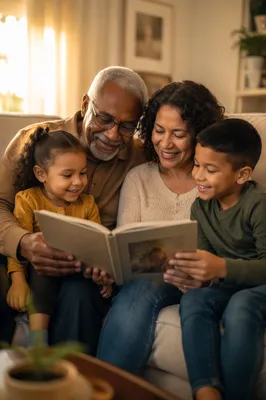 Grandparents Reading with Grandchildren on Sofa