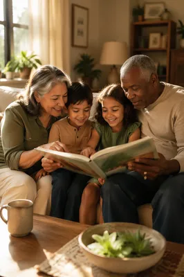 Grandparents Reading Picture Book with Grandchildren