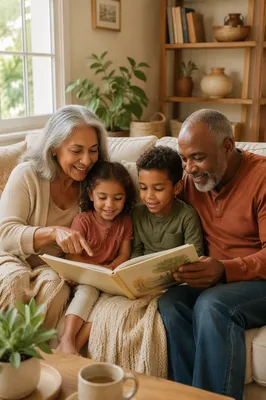 Grandparents and Grandchildren Reading on Sofa