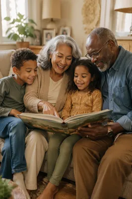 Grandparents Reading Picture Book with Grandchildren