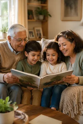 Grandparents Reading Picture Book with Grandchildren