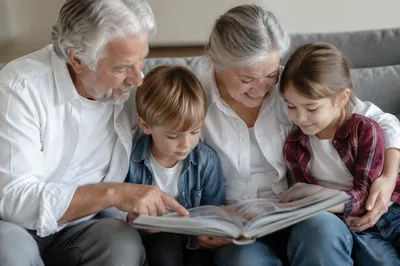 Grandparents Reading Picture Book with Grandchildren