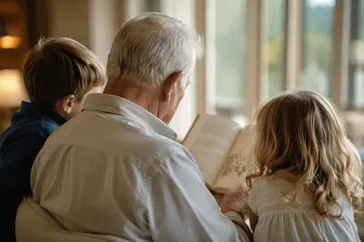 Grandparents Reading with Grandchildren by Window