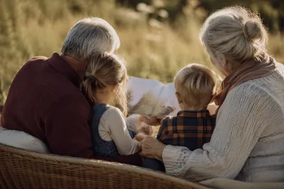 Grandparents and Grandchildren Reading in Meadow