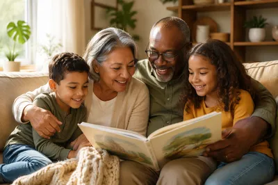 Grandparents Reading Picture Book with Grandchildren