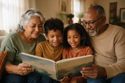 Grandparents Reading with Grandchildren on Sofa