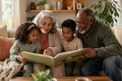 Grandparents and Grandchildren Reading on Sofa