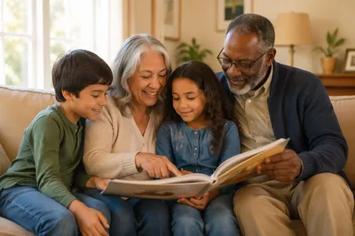 Grandparents Reading with Grandchildren on Sofa