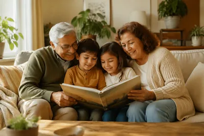 Grandparents Reading Picture Book with Grandchildren