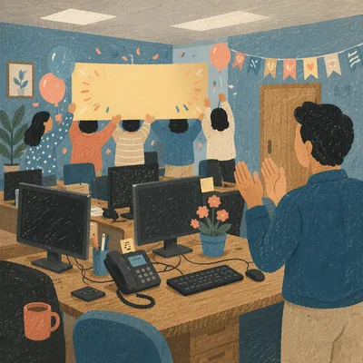 Coworkers Celebrating Surprise in Open Office