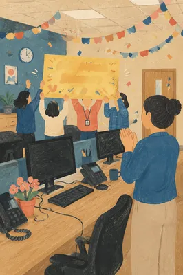 Coworkers Celebrating Surprise in Open Office