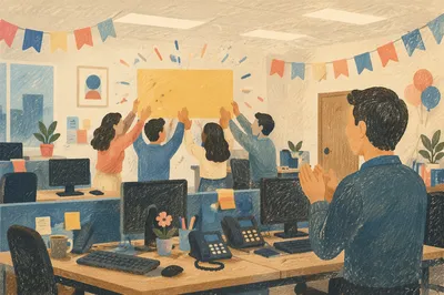 Coworkers Celebrating Surprise in Open Office