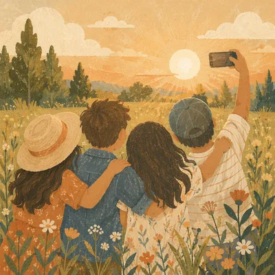 Friends Taking Selfie in Golden Meadow