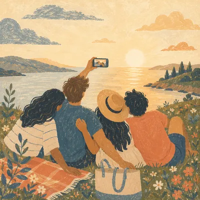 Joyful Friends Selfie at Lakeside Sunset