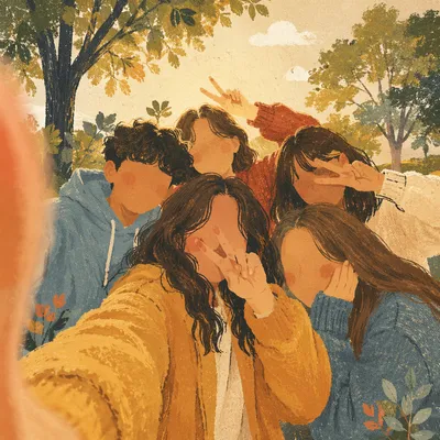 Carefree Friends Group Selfie in Park