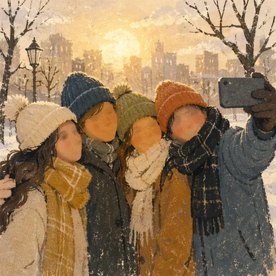 Winter Friends Group Selfie in City Park