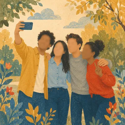 Playful Friends Group Selfie in Sunny Park