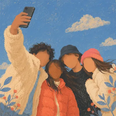 Cheerful Outdoor Friends Selfie Under Blue Sky