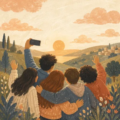 Joyful Friends Selfie on Golden Hillside