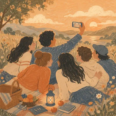 Joyful Friends Picnic Selfie at Golden Hour