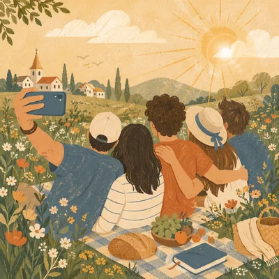 Friends Taking Sunny Meadow Picnic Selfie