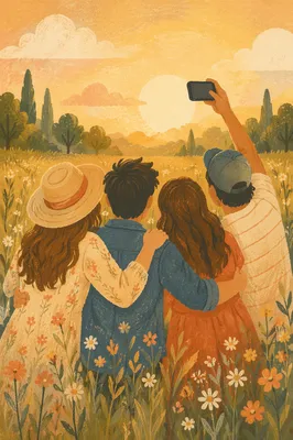Friends Taking Selfie in Golden Meadow