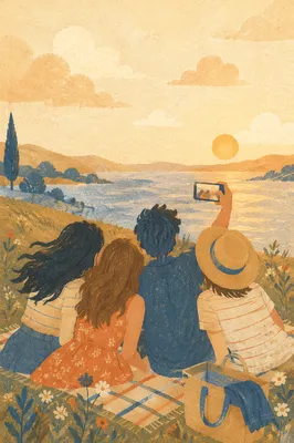 Joyful Friends Selfie at Golden Lakeside