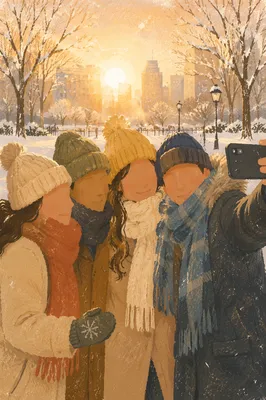 Winter Friends Group Selfie in City Park