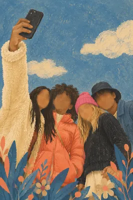 Cheerful Outdoor Group Selfie Under Blue Sky