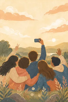 Joyful Friends Selfie on Golden Hillside