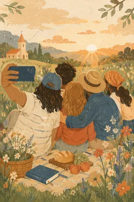 Friends Taking Sunny Meadow Group Selfie