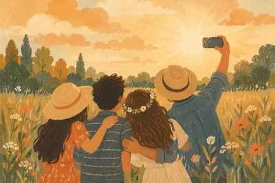 Friends Taking Selfie in Golden Meadow